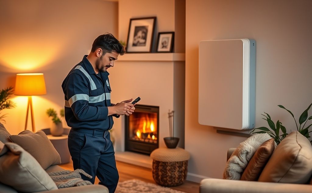 A technician repairing a heating system in a cozy home environment