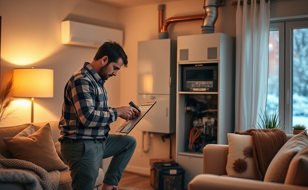 A technician repairing a heating unit in a cozy home setting.