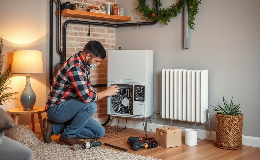 A technician repairing a home heating unit in a cozy living room.