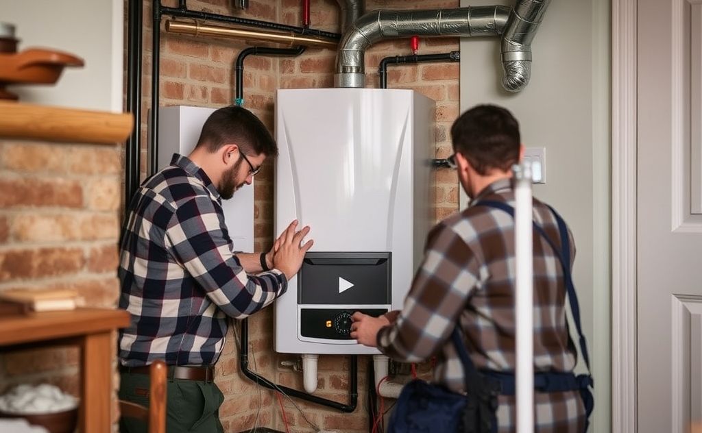 A technician repairing a residential boiler in a cozy home setting.