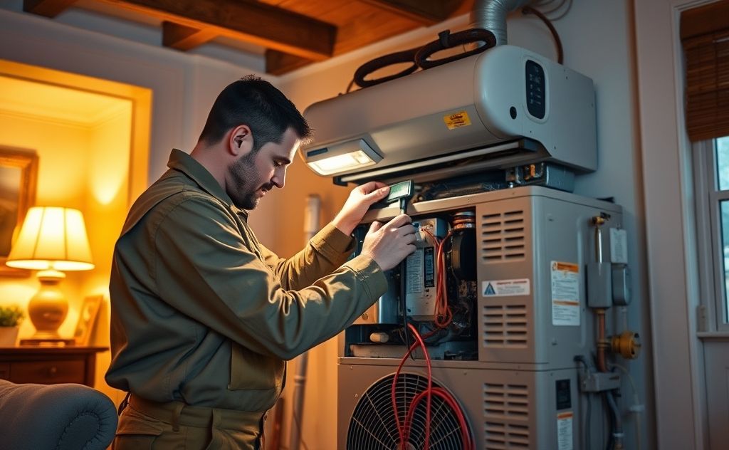 A technician repairing an HVAC system in a St. Louis home.