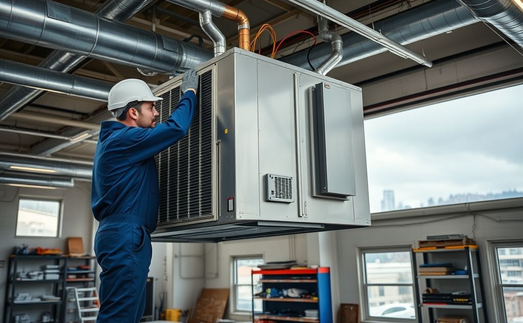 A technician repairing an HVAC unit in Tacoma, Washington.