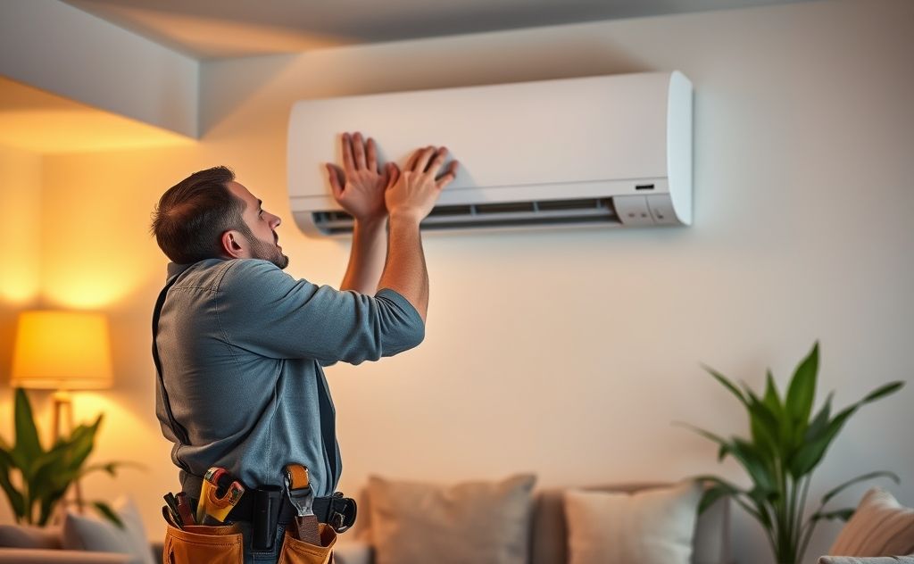 A technician repairing an air conditioning unit in a residential setting.