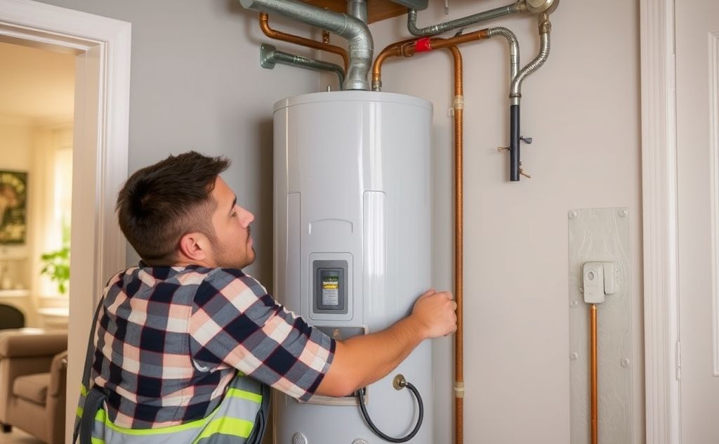 A technician repairing an electric hot water heater in a home setting.