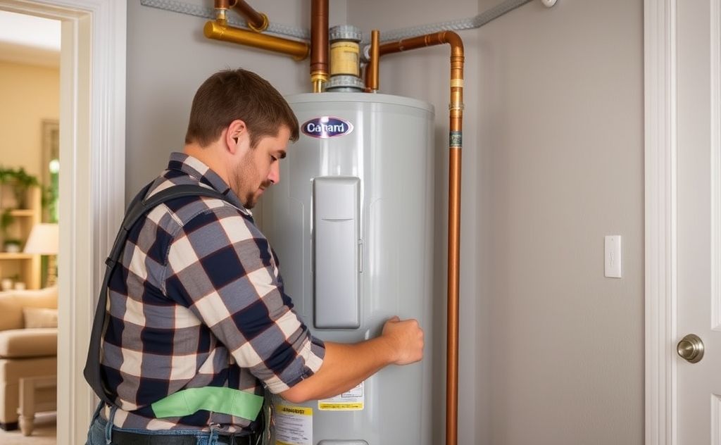A technician servicing a gas hot water heater in a home setting.