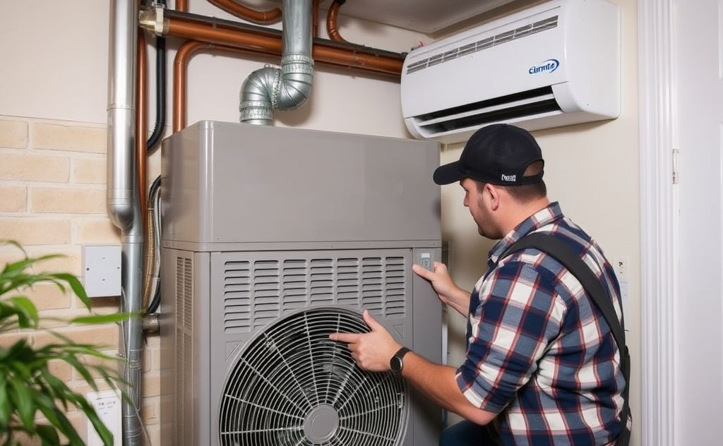 A technician servicing a heating and AC unit in a New York home.
