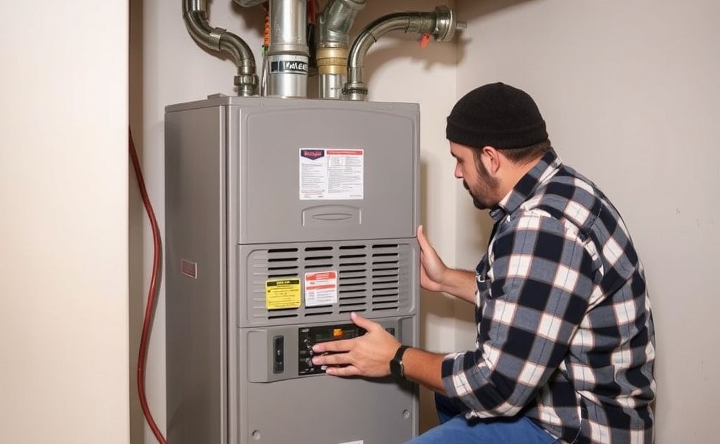 A technician servicing a home heater in Albuquerque.