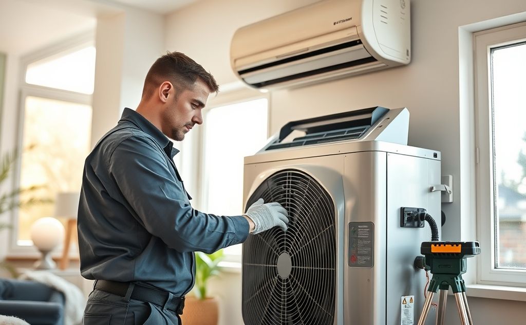A technician servicing a modern HVAC unit in a home setting.