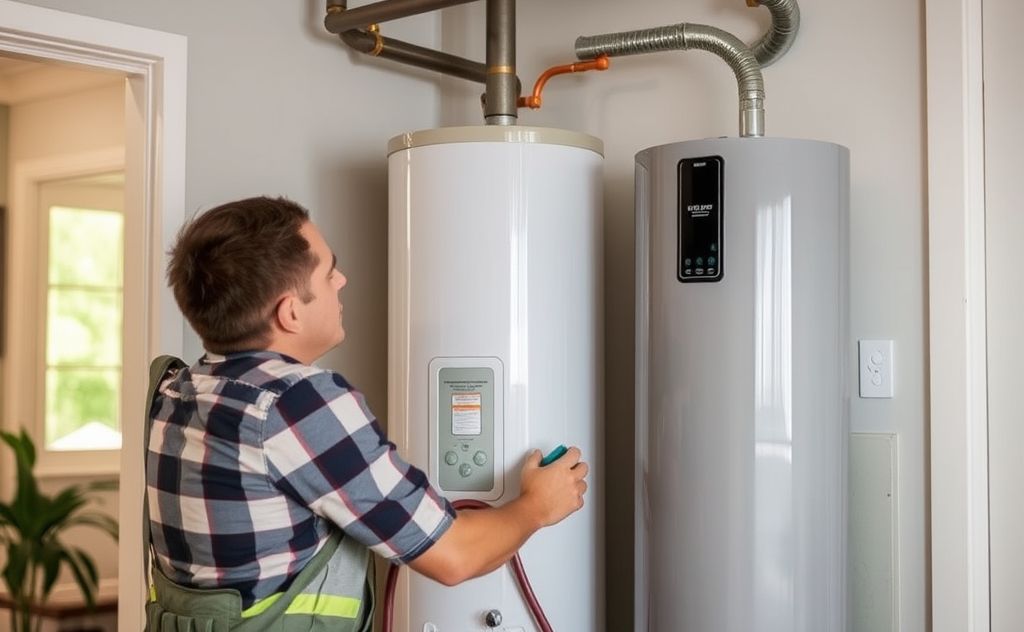 A technician servicing a modern water heater in a home setting.