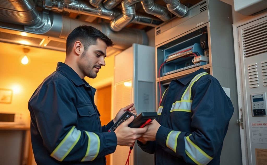 A technician working on a heating and cooling system in a home.