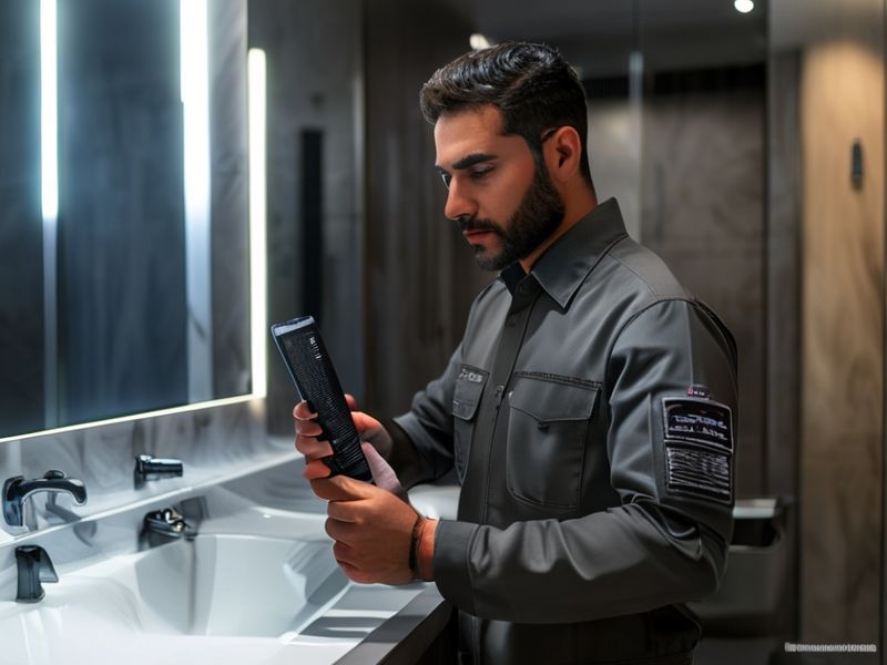 فني يستخدم جهاز كشف تسربات المياه الصوتي في حمام حديث بالرياض