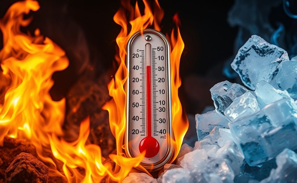 A thermometer surrounded by flames and ice, symbolizing temperature extremes.