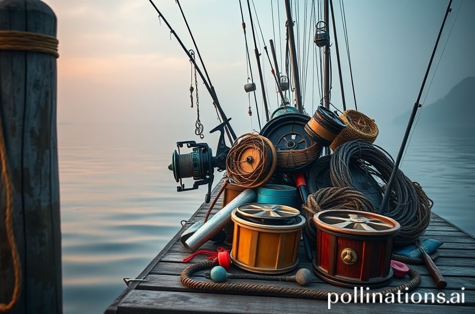 Ilustrasi perlengkapan mancing gaya sinematik di dermaga