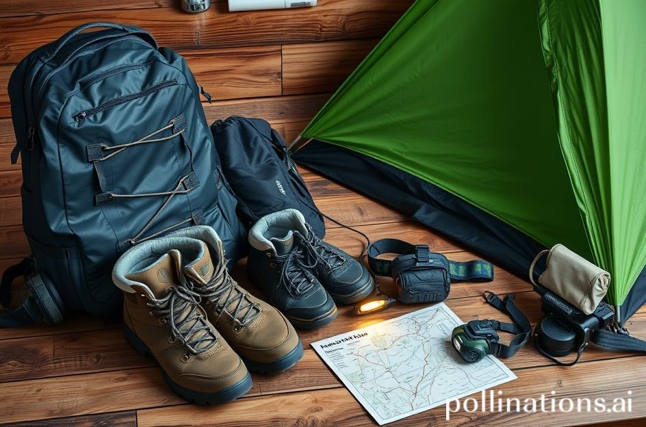 Ilustrasi perlengkapan mendaki di meja kayu