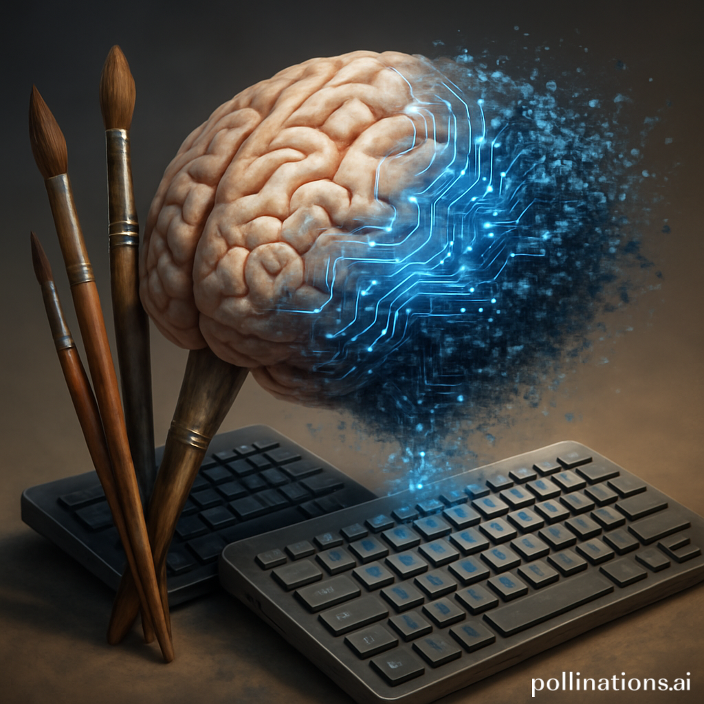 una ilustración conceptual de un cerebro digital fusionándose con pinceles y teclados