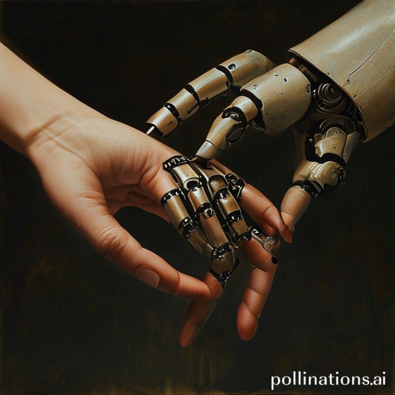 una mano humana y una robótica tocándose los dedos, evocando La creación de Adán (Miguel Ángel)