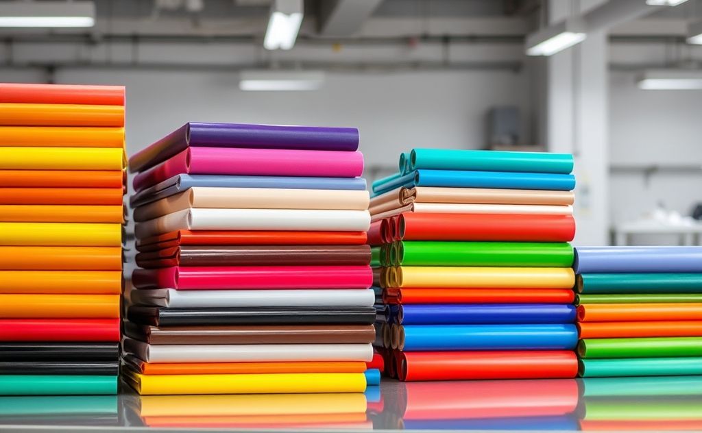 A variety of colorful heat transfer vinyl rolls stacked neatly.