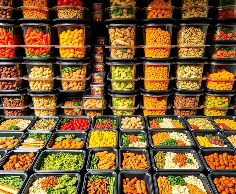 A variety of colorful, ready-to-eat meal containers arranged neatly.