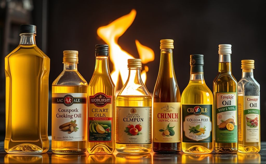 A variety of cooking oils displayed with a flame in the background.