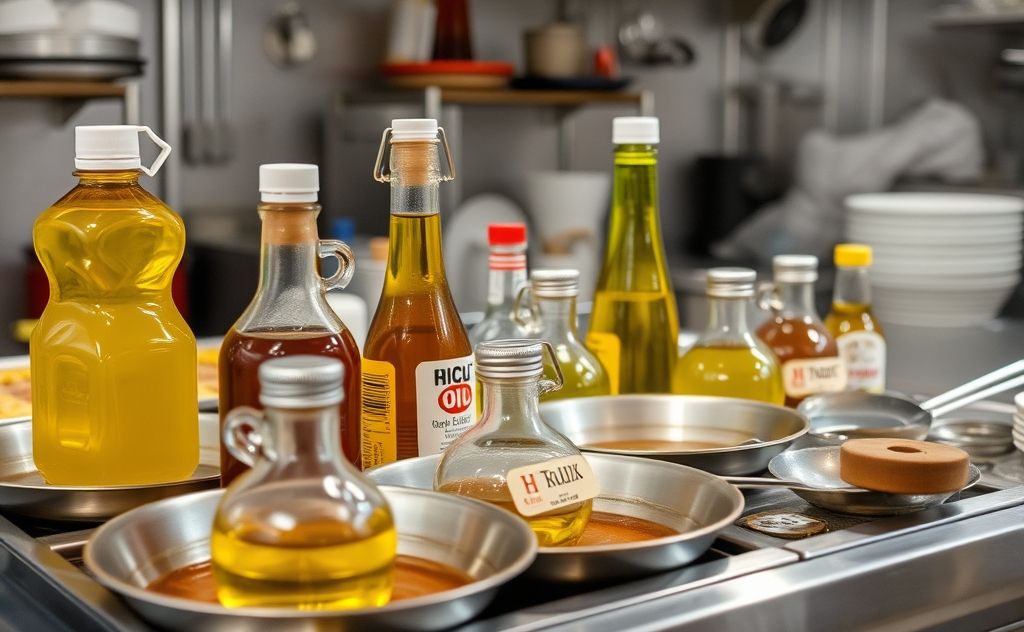 A variety of cooking oils in a kitchen setting with high heat equipment.
