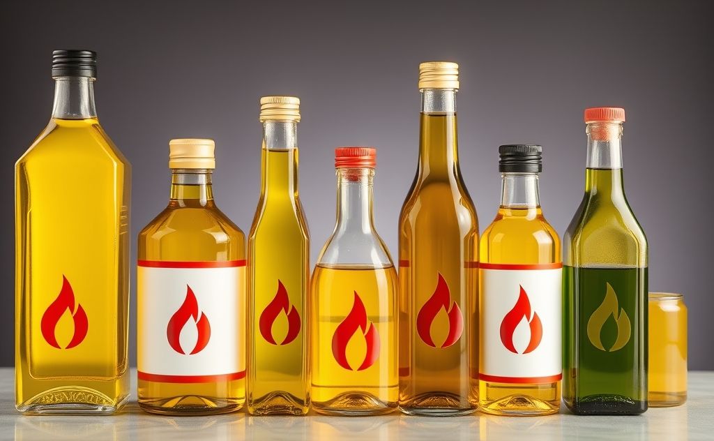 A variety of cooking oils in bottles with a flame symbol.
