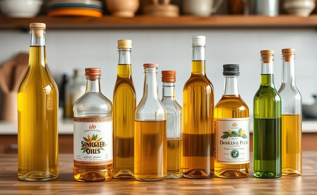 A variety of cooking oils in glass bottles on a wooden kitchen table.