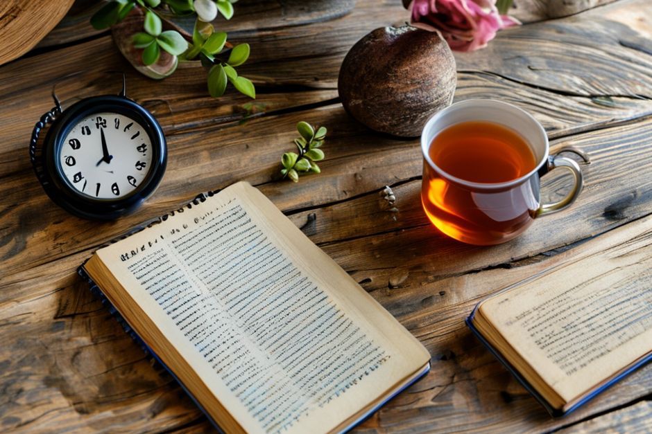 Various meditation tools including a timer, journal, and calming tea on a wooden table