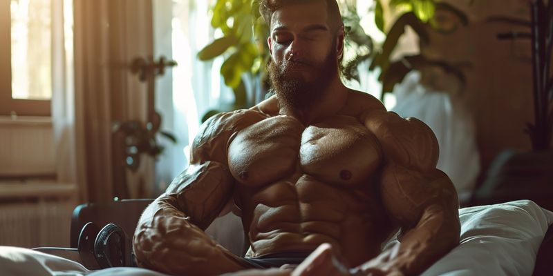 Vegan bodybuilder training, meditating, sleeping soundly, emphasizing holistic wellness