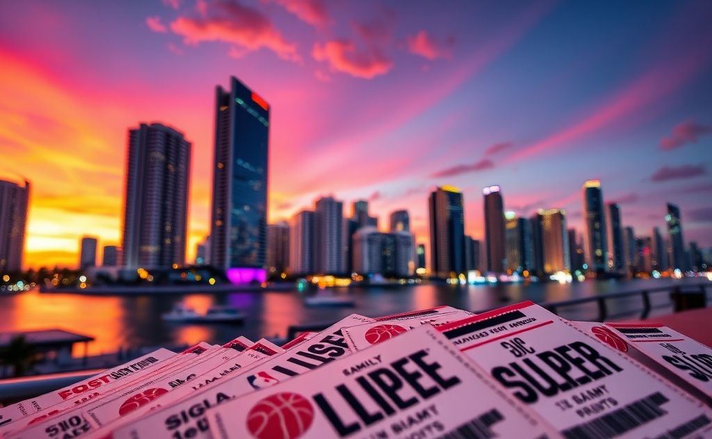 A vibrant Miami skyline with basketball tickets in the foreground.