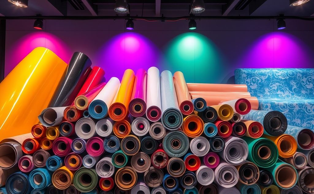A vibrant array of heat transfer vinyl rolls in various colors and textures.