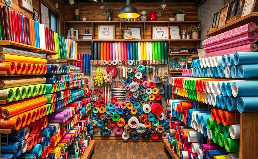 A vibrant display of assorted heat transfer vinyl rolls in a craft shop.