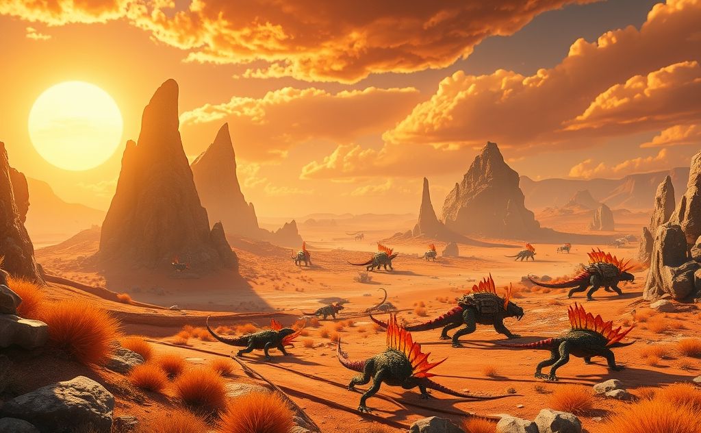 A vibrant landscape of Ark Ragnarok with heat-resistant creatures.