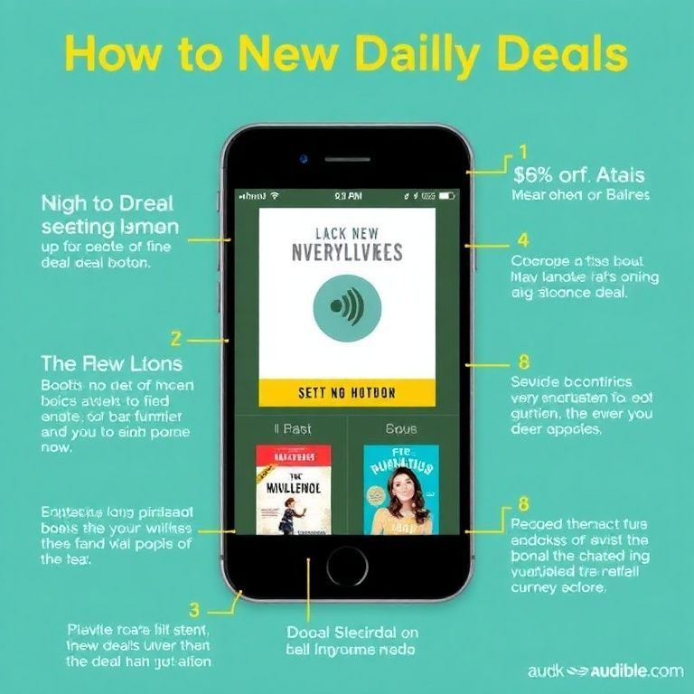 Visual explanation of how to find new daily deal books inside audible app