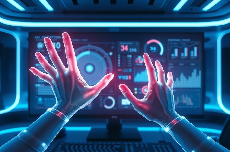 Visualisasi AI yang menampilkan tangan virtual yang berinteraksi dengan antarmuka Gemini AI di layar tablet atau laptop. Di layar tersebut, terlihat sebuah foto yang latar belakangnya sedang diganti secara mulus dari satu pemandangan ke pemandangan lain (misalnya, dari interior kantor ke pantai tropis). Elemen desain menunjukkan kecepatan dan kemudahan proses, dengan ikon-ikon atau indikator kemajuan yang cepat. Nuansa futuristik dan teknologi tinggi dengan gradasi warna biru dan ungu.