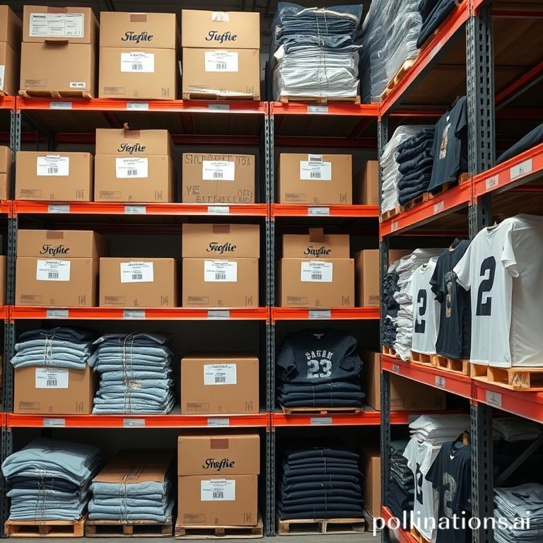 Rak gudang dengan stok kaos dan kardus