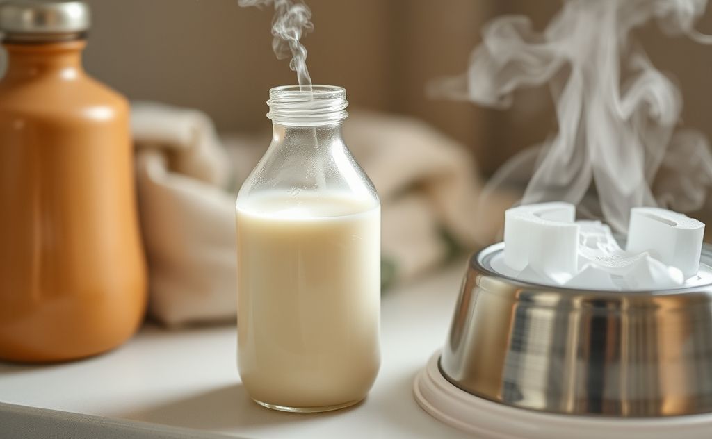 A warm bottle of breast milk beside a gentle steam source.