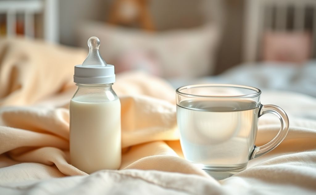 A warm bottle of breast milk beside a steaming cup of water.