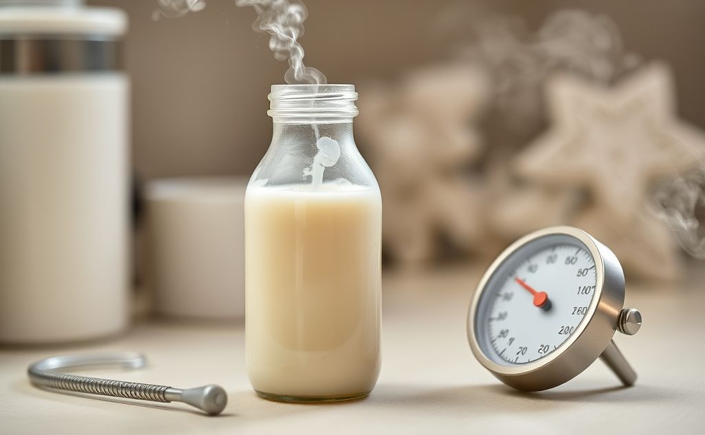 A warm bottle of breast milk beside a thermometer and steam.