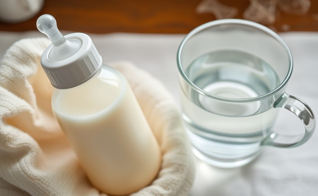 A warm bottle of breast milk next to a steaming cup of water.