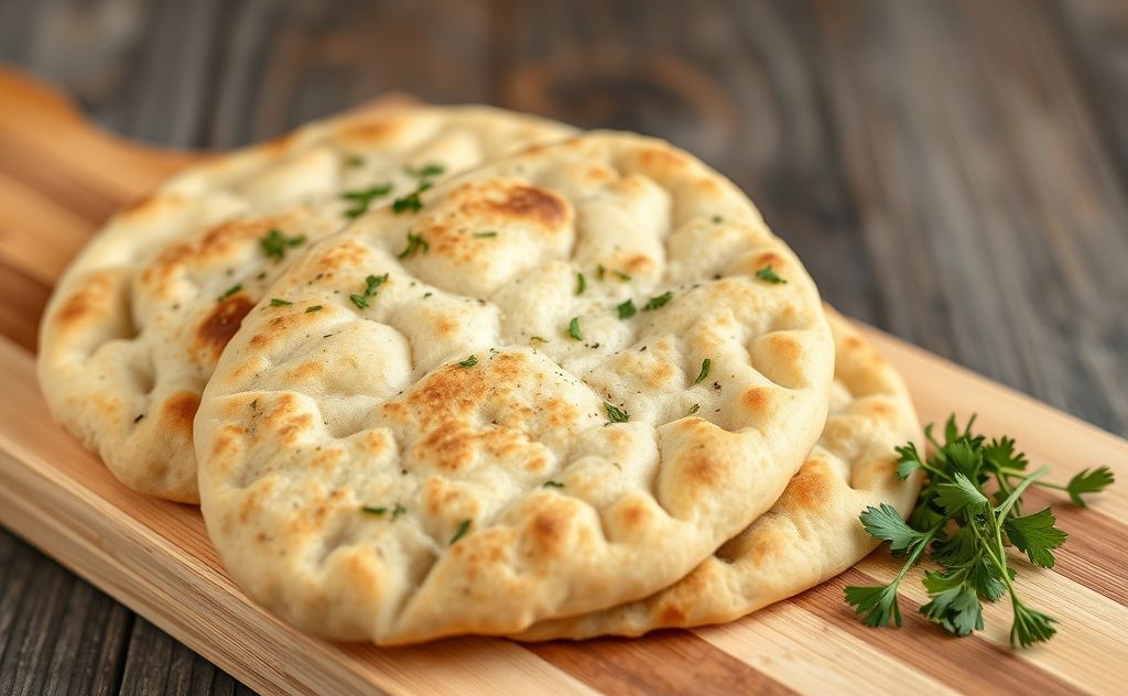 A warm pita bread resting on a wooden cutting board with herbs.