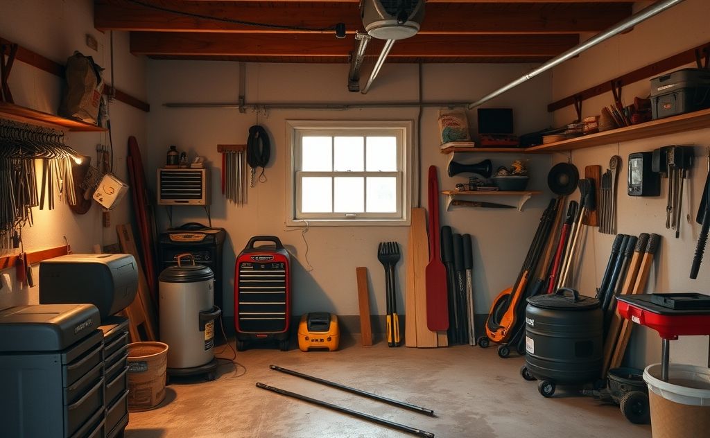 A warm, cozy garage with a space heater and tools neatly arranged.