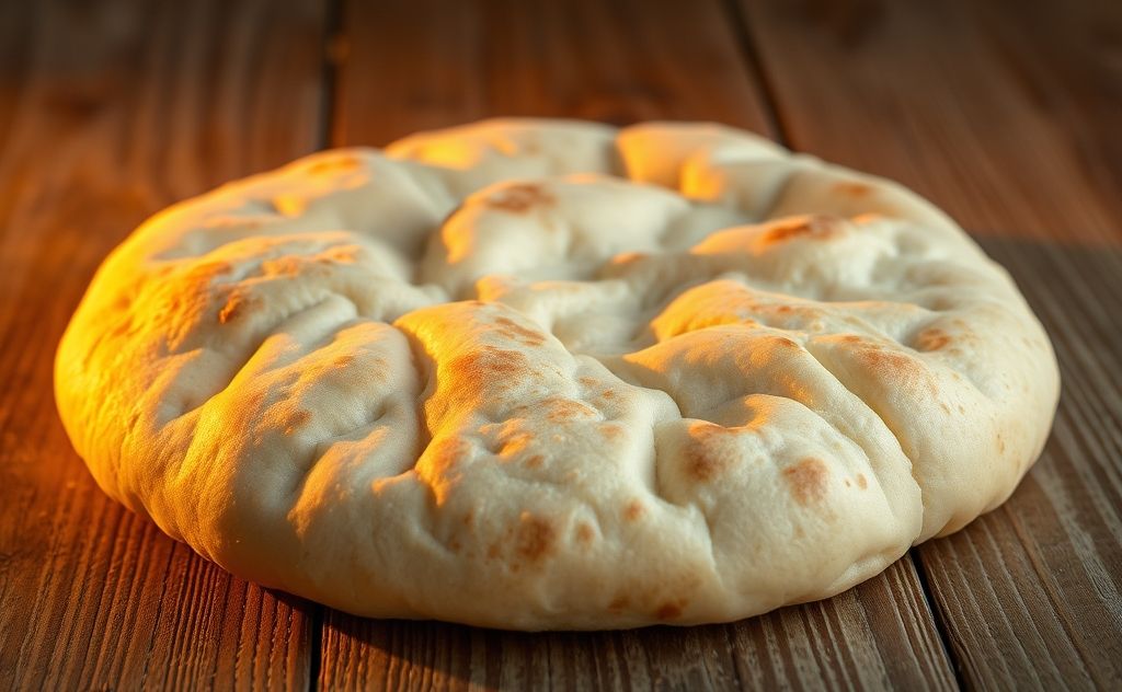 A warm, fluffy pita bread resting on a rustic wooden table.