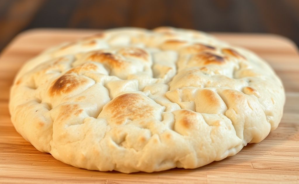 A warm, fluffy pita bread resting on a wooden cutting board.
