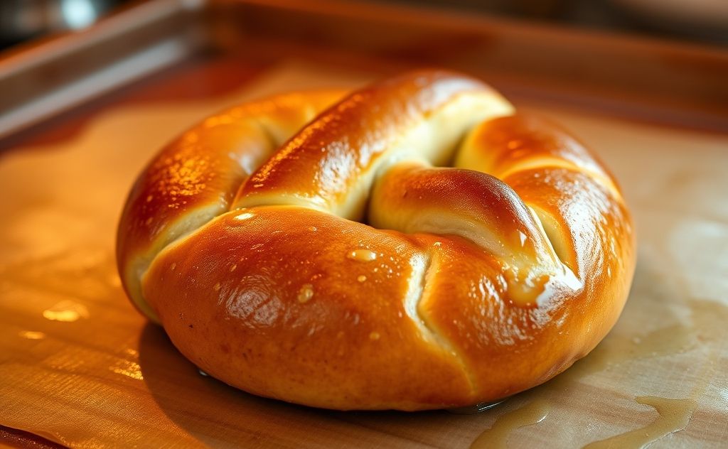 A warm, golden soft pretzel on a baking sheet with melted butter.