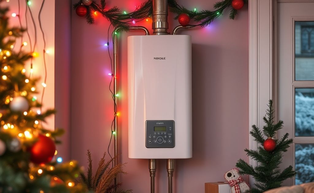 A water heater in a home setting with seasonal decorations around it.