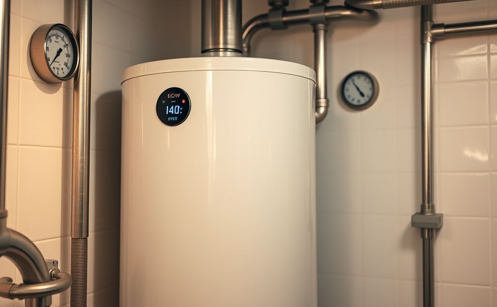A water heater set to 140°F with a thermometer and hot water pipes.