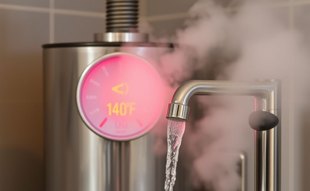 A water heater set to 140°F with steam rising from the faucet.