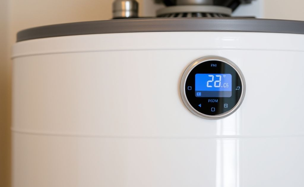 A water heater with a digital thermostat displaying optimal temperature.