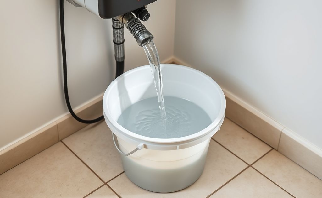A water heater with a hose draining water into a bucket.