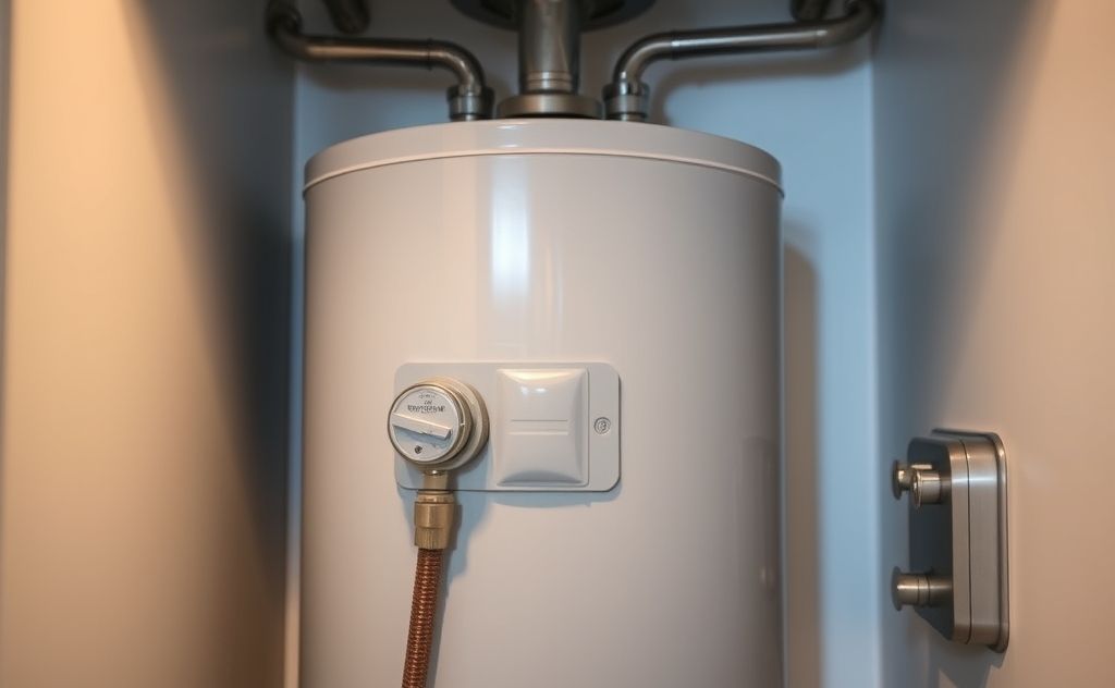 A water heater with a shut-off valve and a cold water supply pipe.